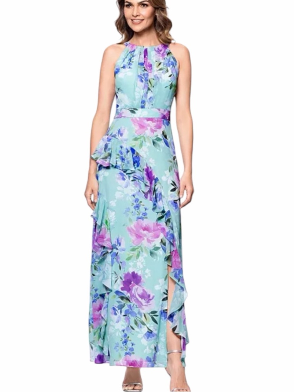 Betsy & Adam Chiffon Halter Floral Ruffled Gown Dress size 4 blue purple NEW